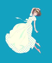 Rule 34 | 1girl, apron, arm at side, arm behind head, arm up, backlighting, barefoot, blue background, blue necktie, bob cut, bow, bracelet, brown eyes, brown hair, collared dress, dot nose, dress, expressionless, frilled hairband, frills, from side, full body, hairband, jewelry, leg up, limited palette, long dress, looking away, looking to the side, maeya susumu, maid, maid apron, maid headdress, necktie, original, parted lips, pleated dress, polka dot, polka dot dress, puffy short sleeves, puffy sleeves, ribbon, short hair, short necktie, short sleeves, signature, simple background, solo, swept bangs, unmoving pattern, waist bow, white apron, white dress, white hairband, white ribbon, wing collar