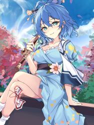 Rule 34 | 1girl, arm support, belt, blue eyes, blue hair, blue kimono, breasts, chisel, cleavage, crossed legs, flower, hair ornament, hair rings, hair stick, highres, holding, holding smoking pipe, japanese clothes, kaku seiga, kimono, large breasts, looking at viewer, ofuda, orchid (orukido), parted lips, pink flower, right-over-left kimono, short hair, simple background, sitting, sketch, smile, smoke, smoking pipe, socks, solo, touhou, vest, white background, white socks, white vest