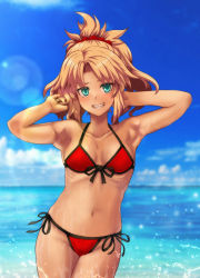 Rule 34 | 1girl, absurdres, bikini, blonde hair, fate/apocrypha, fate/grand order, fate (series), green eyes, grin, highres, liangmian, long hair, mordred (fate), mordred (fate/apocrypha), ocean, ponytail, red bikini, smile, swimsuit, water