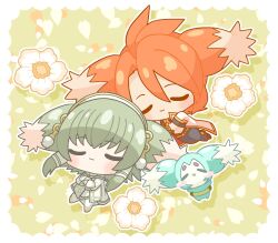 Rule 34 | 3boys, :3, border, chibi, closed eyes, closed mouth, crossed arms, flower, from above, gold trim, green background, green hair, hair between eyes, highres, ion (tales), jacket, lorelei 0314, luke fon fabre, lying, male focus, mieu (tales), multiple boys, on back, red hair, tales of (series), tales of the abyss, white border, white flower, white jacket
