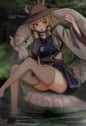 Rule 34 | 1girl, animal, animal print, blonde hair, blue skirt, blue vest, blurry, blurry background, brown headwear, forked tongue, highres, mesuosushi, mishaguji, moriya suwako, outdoors, sitting on animal, skirt, snake, solo, thighhighs, tongue, tongue out, touhou, vest, water, wet, white scales, white snake, white thighhighs, wide sleeves