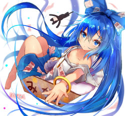 Rule 34 | 1girl, bangle, bare legs, barefoot, blue bow, blue eyes, blue hair, blue skirt, bow, bowl, box, bracelet, broken, efe, hair between eyes, hair bow, hood, hoodie, jewelry, long hair, looking at viewer, mikan box, miniskirt, simple background, skirt, solo, stuffed animal, stuffed cat, stuffed toy, touhou, very long hair, white background, yorigami shion