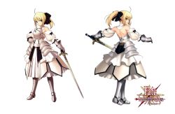 Rule 34 | 00s, 1girl, armor, armored dress, artoria pendragon (fate), back, bare shoulders, blonde hair, capcom, detached sleeves, dress, fate/stay night, fate/unlimited codes, fate (series), green eyes, hair ribbon, higurashi ryuuji, multiple views, ponytail, ribbon, saber (fate), saber lily, sword, takeuchi takashi, type-moon, weapon
