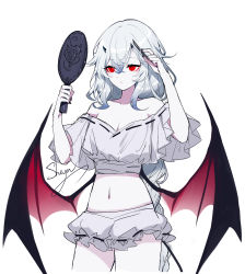 Rule 34 | 1girl, artist name, bare shoulders, bloomers, breasts, chinese commentary, cleavage, collarbone, commentary request, cowboy shot, crop top, demon wings, grey bloomers, grey shirt, hair between eyes, hands up, highres, holding, holding mirror, horns, long hair, low wings, midriff, mirror, navel, off-shoulder shirt, off shoulder, original, red eyes, sheya, shirt, short sleeves, signature, simple background, solo, standing, stomach, underwear, very long hair, white background, white hair, wings