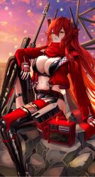Rule 34 | 1girl, absurdres, anti-materiel rifle, arm support, belt, black belt, black gloves, black jacket, black pants, breasts, bullpup, cleavage, cloud, cloudy sky, commentary, cropped jacket, crotch plate, fingerless gloves, gloves, goddess of victory: nikke, gun, hair between eyes, highres, hip vent, horns, jacket, knee up, large breasts, leather, leather jacket, leather pants, long hair, long sleeves, looking up, magazine (weapon), mechanical horns, midriff, navel, open clothes, open jacket, outdoors, pants, parted lips, radio, red hair, red hood (nikke), red jacket, red scarf, rifle, rock, scarf, sidelocks, sitting, sky, sniper rifle, solo, sunset, weapon, xia 0328, yellow eyes