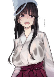Rule 34 | 1girl, absurdres, black eyes, black hair, blunt bangs, bra visible through clothes, bralines, breasts, bucket, bucket on head, commentary, hakama, hakama skirt, highres, japanese clothes, kimono, large breasts, long hair, miko, object on head, original, rucchiifu, see-through, shirt, skirt, solo, translated, underwear, wet, wet clothes, wet shirt, white background