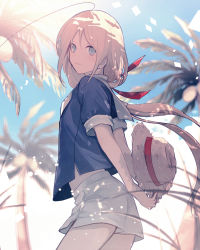 Rule 34 | 1girl, aqua eyes, arms behind back, blue shirt, blue sky, blurry, breasts, cowboy shot, day, depth of field, hat, highres, light smile, long hair, looking at viewer, medium breasts, miya noyori, original, outdoors, palm tree, parted bangs, shirt, shorts, sky, smile, solo, straw hat, sun hat, sunlight, tree, white shorts
