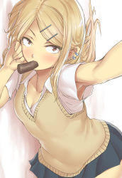 Rule 34 | 10s, 1girl, armpits, blonde hair, breasts, brown eyes, dagashi kashi, ear piercing, endou saya, fang, hair ornament, hairclip, highres, jewelry, lips, long hair, looking at viewer, nekotama1987, open mouth, piercing, reaching, reaching towards viewer, shirt, small breasts, solo, sweater vest, swept bangs, white shirt