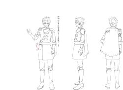 Rule 34 | 1boy, arm strap, armor, boots, capelet, character sheet, coat, epaulettes, fingerless gloves, from behind, full body, glasses, gloves, kiseru (senjuushi), knee boots, knee pads, lineart, majiro (mazurka), male focus, military, military uniform, monochrome, multiple views, official art, curtained hair, senjuushi: the thousand noble musketeers, senjuushi (series), shoulder armor, smirk, spiked hair, standing, translation request, transparent background, turnaround, uniform