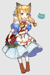Rule 34 | 1girl, :d, animal ears, arm at side, arm guards, bag, bell, black eyes, blonde hair, blue dress, blush, boots, breasts, brown footwear, cat ears, cloak, copyright name, dress, extra ears, fujiya takao, full body, grey background, hair ribbon, half updo, highres, hood, hooded cloak, long hair, looking at viewer, meowstress, monster hunter, monster hunter (series), monster hunter x, nekojo, open mouth, pantyhose, paw print, pointy ears, puffy short sleeves, puffy sleeves, ribbon, satchel, short sleeves, shoulder bag, sidelocks, simple background, small breasts, smile, solo, tress ribbon, white pantyhose