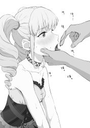 Rule 34 | 1boy, 1girl, blush, breasts, choker, copyright request, drill hair, earrings, feeding, from side, greyscale, highres, jewelry, monochrome, osame, profile, simple background, small breasts, tears, tongue, tongue out, twin drills, twintails, white background