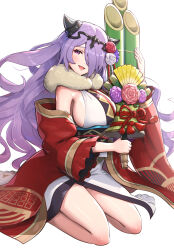 Rule 34 | 1girl, :d, absurdres, breasts, camilla (fire emblem), camilla (new year) (fire emblem), cleavage, fire emblem, fire emblem fates, fire emblem heroes, flower, gonzarez, hair flower, hair ornament, hair over one eye, highres, huge sleeves, japanese clothes, kadomatsu, kimono, kneeling, large breasts, long hair, long sleeves, looking at viewer, nintendo, obi, official alternate costume, open mouth, purple eyes, purple hair, sash, simple background, smile, solo, tabi, tiara, wavy hair, white background