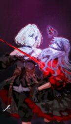 2girls absurdres bang_dream! bang_dream!_it&#039;s_mygo!!!!! black_dress black_gloves black_mask black_ribbon black_shorts black_skirt blonde_hair blood blue_hair chinese_commentary clothing_cutout commentary_request doloris_(bang_dream!) dress gloves hair_between_eyes hair_ribbon highres injury light_particles long_hair misumi_uika multiple_girls oblivionis_(bang_dream!) red_shirt ribbon shidararey shirt short_hair shorts shoulder_cutout skirt togawa_sakiko