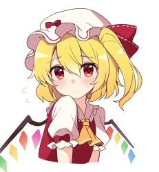 Rule 34 | 1girl, ascot, blonde hair, blush, closed mouth, collared shirt, crystal, flandre scarlet, flying sweatdrops, frilled shirt collar, frills, hair between eyes, hat, highres, long hair, mob cap, puffy short sleeves, puffy sleeves, red eyes, red vest, ruhika, shirt, short sleeves, side ponytail, simple background, solo, touhou, upper body, vest, white background, white hat, white shirt, wings, yellow ascot