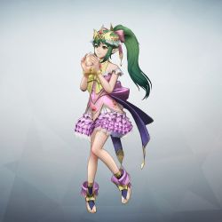 Rule 34 | 1girl, 3d, circlet, dress, fire emblem, fire emblem: mystery of the emblem, fire emblem warriors, formal, full body, green eyes, green hair, jewelry, long hair, nintendo, official art, pointy ears, ponytail, sandals, simple background, solo, stone, tiara, tiki (fire emblem), tiki (young) (fire emblem), toeless legwear