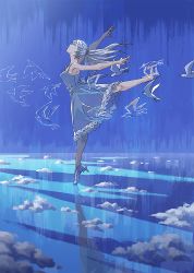 Rule 34 | 1girl, agas (vpwt7475), bad id, bad pixiv id, bird, blue background, cloud, commentary request, dancing, dress, high heels, long hair, original, reflection, white hair
