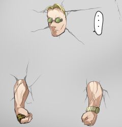 Rule 34 | ..., 1boy, blonde hair, clenched hands, closed mouth, crack, cracked wall, goggles, highres, jujutsu kaisen, male focus, nanami kento, rahato, short hair, solo, speech bubble, through wall, veins, wall, watch, wristwatch