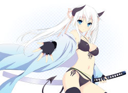 Rule 34 | 1girl, 47agdragon, bare shoulders, bikini, black bikini, blue eyes, blush, breasts, cleavage, colorized, demon girl, demon tail, fingerless gloves, front-tie top, gloves, highres, horns, katana, looking at viewer, navel, outstretched hand, pixiv fantasia, pixiv fantasia sword regalia, pointy ears, scabbard, sheath, side-tie bikini bottom, smile, solo, swimsuit, sword, tail, thighhighs, twintails, wanmi (315), weapon, white hair