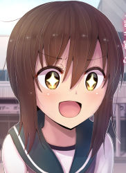 Rule 34 | &gt;:d, + +, 10s, 1girl, :d, arms at sides, blurry, brown hair, depth of field, eyebrows, fubuki (kancolle), hair between eyes, kantai collection, looking at viewer, minarai shachou, open mouth, outdoors, school uniform, serafuku, short ponytail, sidelocks, smile, solo, sparkling eyes, upper body, v-shaped eyebrows, yellow eyes