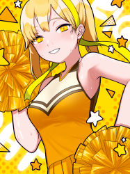 Rule 34 | 1girl, absurdres, armpits, blonde hair, blush, cheerleader, exhausted, grin, hair ribbon, hairband, half-closed eyes, hand on own hip, hand up, highres, holding, holding pom poms, looking at viewer, medium hair, mishio (misio 40), original, pleated skirt, pom pom (cheerleading), pom poms, ponytail, ribbon, skirt, smile, solo, sportswear, star (symbol), sweat, triangle, uniform, yellow eyes
