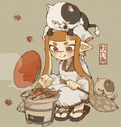 Rule 34 | 1girl, :p, animal, animal on head, apron, brown eyes, brown kimono, cat, chopsticks, closed mouth, commentary request, cooking, falling leaves, fish, fish (food), full body, geta, green background, grill, grilled fish, grilling, hand fan, head scarf, highres, holding, holding chopsticks, holding fan, inkling girl, inkling player character, japanese clothes, judd (splatoon), kappougi, kimono, leaf, li&#039;l judd (splatoon), long hair, looking at food, nintendo, on head, orange hair, p0m4 p0m4, paper fan, pointy ears, shichirin, splatoon (series), squatting, steam, tentacle hair, tenugui, tongue, tongue out, translation request, twintails, uchiwa, very long hair