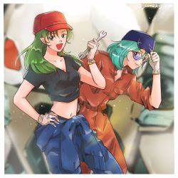 Rule 34 | 1boy, 1girl, blue hair, breasts, choujikuu yousai macross, glasses, gloves, green eyes, green hair, hand on own hip, hat, highres, holding, holding wrench, jenius maximilian, jenius milia, jumpsuit, long hair, looking at viewer, macross, mecha, midriff, navel, open mouth, pointy ears, repairing, retro artstyle, robot, small breasts, smile, white gloves, wrench, yumekijiiro