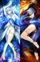 Rule 34 | 1girl, ass, asymmetrical legwear, azura (fire emblem), bare shoulders, barefoot, blue hair, blush, breasts, chain, cuffs, dakimakura (medium), dress, elbow gloves, fingerless gloves, fire emblem, fire emblem fates, full body, gloves, hair between eyes, highres, large breasts, long hair, looking at viewer, mouth veil, nintendo, panties, parted lips, pussy, sample watermark, shackles, solo, tongari, underwear, uneven legwear, veil, very long hair, watermark, white dress, white gloves, yellow eyes