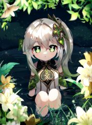 Rule 34 | 1girl, absurdres, arm support, blurry, braid, commentary request, depth of field, detached sleeves, dress, flower, genshin impact, gradient hair, grass, green eyes, grey hair, hair between eyes, hair ornament, highres, in water, knees up, leaf hair ornament, long hair, looking at viewer, miyako draw, multicolored hair, nahida (genshin impact), parted lips, pointy ears, short sleeves, side ponytail, sidelocks, single braid, sitting, solo, symbol-shaped pupils, two-tone hair, wet, wet clothes, white dress