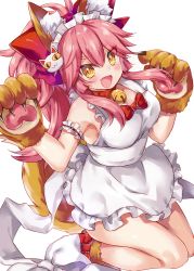 Rule 34 | 1girl, animal ear fluff, animal ears, animal hands, apron, arm garter, bad id, bad pixiv id, bell, bow, breasts, cat hair ornament, cat paws, collar, fate/grand order, fate (series), fox ears, fox girl, fox tail, frilled apron, frills, gloves, hair bow, hair ornament, jingle bell, large breasts, long hair, naked apron, neck bell, paw gloves, paw shoes, pink hair, ponytail, red bow, shoes, solo, tail, tamamo (fate), tamamo cat (fate), tamamo cat (third ascension) (fate), tatara maguro, white apron, yellow eyes