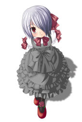 Rule 34 | 1girl, arms behind back, blush, dress, flower, from above, furifuri, hair over eyes, hair over one eye, looking up, red eyes, ribbon, short hair, silver hair, simple background, smile, solo, tsukuyomi kaguya