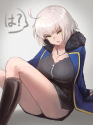 Rule 34 | 1girl, ahoge, black footwear, blue jacket, boots, breasts, cleavage, commentary request, fate/grand order, fate (series), feet out of frame, fur trim, grey background, highres, jacket, jeanne d&#039;arc (fate), jeanne d&#039;arc alter (fate), jeanne d&#039;arc alter (ver. shinjuku 1999) (fate), jewelry, large breasts, long sleeves, looking at viewer, necklace, official alternate costume, open mouth, raised eyebrow, sawawse, short hair, silver hair, simple background, sitting, slit pupils, solo, speech bubble, yellow eyes