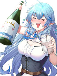 Rule 34 | &gt; &lt;, 1girl, :d, belt, blue hair, blush, bottle, breasts, brown belt, cleavage, closed eyes, cup, drinking glass, ear blush, facing viewer, fingernails, flower, hair flower, hair ornament, half updo, highres, holding, holding bottle, holding cup, hololive, large breasts, long hair, mikan (chipstar182), multicolored hair, open mouth, pointy ears, shirt, simple background, smile, solo, spilling, streaked hair, upper body, very long hair, virtual youtuber, white background, white shirt, wine bottle, yukihana lamy