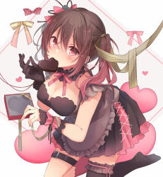 Rule 34 | 1girl, black gloves, black hair, black thighhighs, blush, bow, breasts, candy, chocolate, chocolate heart, cleavage, detached collar, food, gloves, gradient hair, hair between eyes, heart, heart-shaped pupils, highres, kneeling, kuroi (liar-player), medium breasts, mouth hold, multicolored hair, original, pink bow, pink eyes, single glove, single thighhigh, solo, symbol-shaped pupils, thigh strap, thighhighs, twintails, valentine, wrist cuffs
