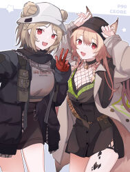 Rule 34 | 2girls, absurdres, animal ears, arknights, breasts, brown hair, ceobe (arknights), ceobe (arknights) (cosplay), ceobe (unfettered) (arknights), cleavage, commission, cosplay, costume switch, dog ears, dog girl, dog tail, double bun, girls&#039; frontline, gloves, hair bun, hat, highres, material growth, medium breasts, multiple girls, oripathy lesion (arknights), p90 (girls&#039; frontline), p90 (girls&#039; frontline) (cosplay), p90 (the girl from b.e.l) (girls&#039; frontline), pixiv commission, red eyes, red gloves, rippajun, selfie, tail