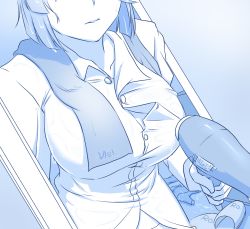 Rule 34 | 1girl, bad id, bad pixiv id, blue theme, breasts, buttons, character name, hair dryer, head out of frame, highres, large breasts, lulu heika, mole, mole under eye, monochrome, naked shirt, nelson (warship girls r), original, shirt, solo, towel, towel around neck, warship girls r, wet, wet clothes