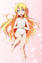 Rule 34 | 1girl, :d, ahoge, bare arms, bare legs, barefoot, blonde hair, blue eyes, cato (monocatienus), collarbone, commentary request, covered navel, flat chest, from above, full body, hair between eyes, hair spread out, hands on own stomach, highres, lily white, long hair, looking at viewer, looking up, lying, name tag, on back, one-piece swimsuit, open mouth, own hands together, school swimsuit, smile, solo, swimsuit, touhou, very long hair, white one-piece swimsuit