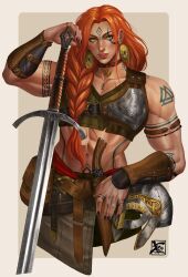 Rule 34 | 1girl, abs, barbarian, belt, black nails, border, bracer, choker, earrings, facial tattoo, freckles, greatsword, helmet, highres, jewelry, knife, long braid, looking at viewer, muscular, muscular female, necklace, original, pouch, red hair, ring, skirt, soffa, solo, sword, tank top, tattoo, weapon, white border, yellow eyes