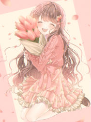Rule 34 | 1girl, blush, bouquet, brown footwear, brown hair, closed eyes, commentary, dress, floral print, flower, hair flower, hair ornament, holding, holding bouquet, kompeitou (lemon garden), long hair, hugging object, open mouth, original, petals, pink background, pink dress, pink sweater, sitting, smile, solo, sweater, symbol-only commentary, teeth, tulip, two-tone background, upper teeth only, very long hair, wariza, wavy hair