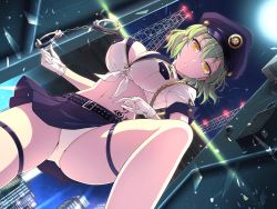 Rule 34 | alley, breasts, city, cityscape, cleavage, crop top, cuffs, gloves, green hair, handcuffs, hat, highres, hikage (senran kagura), large breasts, looking at viewer, midriff, navel, official art, panties, pantyshot, police, police hat, police uniform, policewoman, senran kagura, senran kagura new link, short hair, snake tattoo, stepped on, tattoo, underwear, uniform, yellow eyes