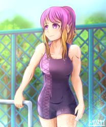 Rule 34 | 1girl, alternate costume, alternate hairstyle, artist name, bare shoulders, blue sky, blurry, breasts, brown hair, chain-link fence, cleavage, collarbone, commentary request, competition swimsuit, cowboy shot, day, depth of field, fence, gradient hair, highres, hijiri byakuren, light particles, long hair, looking away, medium breasts, multicolored hair, one-piece swimsuit, outdoors, ponytail, pool, purple eyes, purple hair, sidelocks, sky, smile, solo, standing, swimsuit, toned, torinosukei, touhou, tree, water drop, wet, wet hair