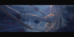 Rule 34 | 1girl, blood, blood splatter, blurry, blurry background, character request, from side, hair over one eye, hand up, highres, holding, holding sword, holding weapon, katann, letterboxed, long hair, long sleeves, looking at viewer, looking to the side, messy hair, open mouth, pixiv fantasia, pixiv fantasia last saga, shirt, sidelocks, smile, solo, sword, upper body, weapon, white eyes, white hair, white shirt