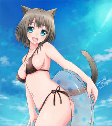 Rule 34 | 1girl, :d, animal ears, bad id, bad pixiv id, bare arms, bare shoulders, bikini, black bikini, blue eyes, blue sky, blush, breasts, brown hair, cat ears, cat tail, cleavage, cloud, collarbone, covered erect nipples, cowboy shot, dated, day, from side, green eyes, grey hair, holding, innertube, large breasts, light rays, looking at viewer, miyamae porin, navel, open mouth, original, outdoors, polka dot, print bikini, short hair, side-tie bikini bottom, sideboob, signature, sky, smile, solo, standing, star (symbol), star print, strap gap, string bikini, sunbeam, sunlight, swim ring, swimsuit, tail, transparent