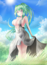 Rule 34 | 10s, 1girl, alternate costume, bad id, bad pixiv id, blush, breasts, cleavage, cleavage cutout, clothing cutout, day, dress, female focus, grass, green hair, green heart (neptunia), highres, large breasts, long hair, looking at viewer, nature, neptune (series), no bra, outdoors, ponytail, power symbol, power symbol-shaped pupils, purple eyes, sideboob, sky, solo, sun, symbol-shaped pupils, vert (neptunia), very long hair, yumcha
