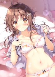 Rule 34 | 1girl, absurdres, ahoge, blush, bra, bracelet, breasts, brown eyes, brown hair, cleavage, collarbone, commentary request, english text, floral print, frilled pillow, frills, hair ornament, highres, jewelry, kokoa-chan (pan (mimi)), lace, lace-trimmed bra, lace-trimmed panties, lace trim, long hair, looking at viewer, lying, medium breasts, on back, open clothes, open shirt, original, pan (mimi), panties, pillow, print bra, print panties, purple shirt, ribbon, shirt, short sleeves, smile, solo, striped ribbon, underwear, white bra, white panties, white ribbon