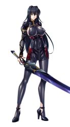 Rule 34 | 1girl, annerose vajra, black hair, breasts, covered erect nipples, full body, kagami hirotaka, katana, koutetsu no majo annerose, koutetsu no majo anneroze, large breasts, legs, lilith-soft, long hair, looking at viewer, smile, solo, standing, sword, weapon, yellow eyes