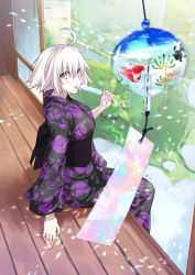 Rule 34 | architecture, breasts, day, east asian architecture, fate/apocrypha, fate/grand order, fate (series), food, japanese clothes, jeanne d&#039;arc (fate), jeanne d&#039;arc alter (avenger) (fate), jeanne d&#039;arc alter (fate), kimono, large breasts, morinaga ramune, petals, popsicle, purple kimono, short hair, silver hair, solo, tsurime, wind, wind chime, yellow eyes