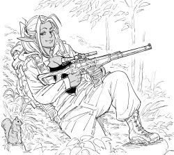 Rule 34 | 1girl, backpack, bad id, bag, bb (baalbuddy), boots, breasts, cleavage, closed mouth, commentary, contemporary, cross-laced footwear, dark-skinned female, dark elf, dark skin, elf, english commentary, english text, fingernails, forest, greyscale, gun, highres, holding, holding gun, holding weapon, inactive account, integral suppressor, integrally-suppressed firearm, jacket, long sleeves, looking at viewer, monochrome, nature, original, pants, pointy ears, ponytail, reclining, rifle, scope, simple background, smile, smug, sniper rifle, solo, squirrel, suppressor, tactical clothes, toz (tulsky oruzheiny zavod), trigger discipline, tsniitochmash, tula arms plant, vss vintorez, weapon, white background