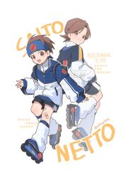 2boys black_shorts blue_jacket brothers brown_eyes brown_hair full_body hood hooded_jacket hub_hikari_(mega_man) jacket lan_hikari_(mega_man) male_focus mega_man_(series) mega_man_battle_network_(series) multiple_boys pitapit695 roller_skates shorts siblings simple_background skates twins watermark white_background white_jacket