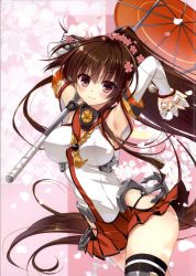 Rule 34 | 1girl, absurdres, ameto yuki, armpits, arms up, blush, breasts, brown eyes, brown hair, cherry blossoms, closed mouth, detached sleeves, floral background, flower, hair ornament, highres, holding, kantai collection, long hair, looking at viewer, medium breasts, oil-paper umbrella, petals, pink background, ponytail, red umbrella, scan, shiny skin, smile, solo, thighhighs, thighs, umbrella, yamato (kancolle)