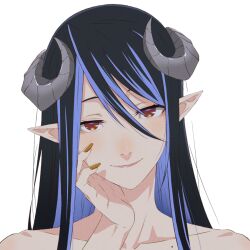 Rule 34 | 1girl, nanashi inc., akitetsu, black hair, blue hair, blush, brown eyes, brown nails, closed mouth, collarbone, curled horns, demon girl, demon horns, grey horns, hand on own cheek, hand on own face, head tilt, hebiyoi tier, horns, long hair, looking at viewer, multicolored hair, pointy ears, portrait, simple background, smile, snake bite, solo, sugar lyric, transparent background, two-tone hair, virtual youtuber